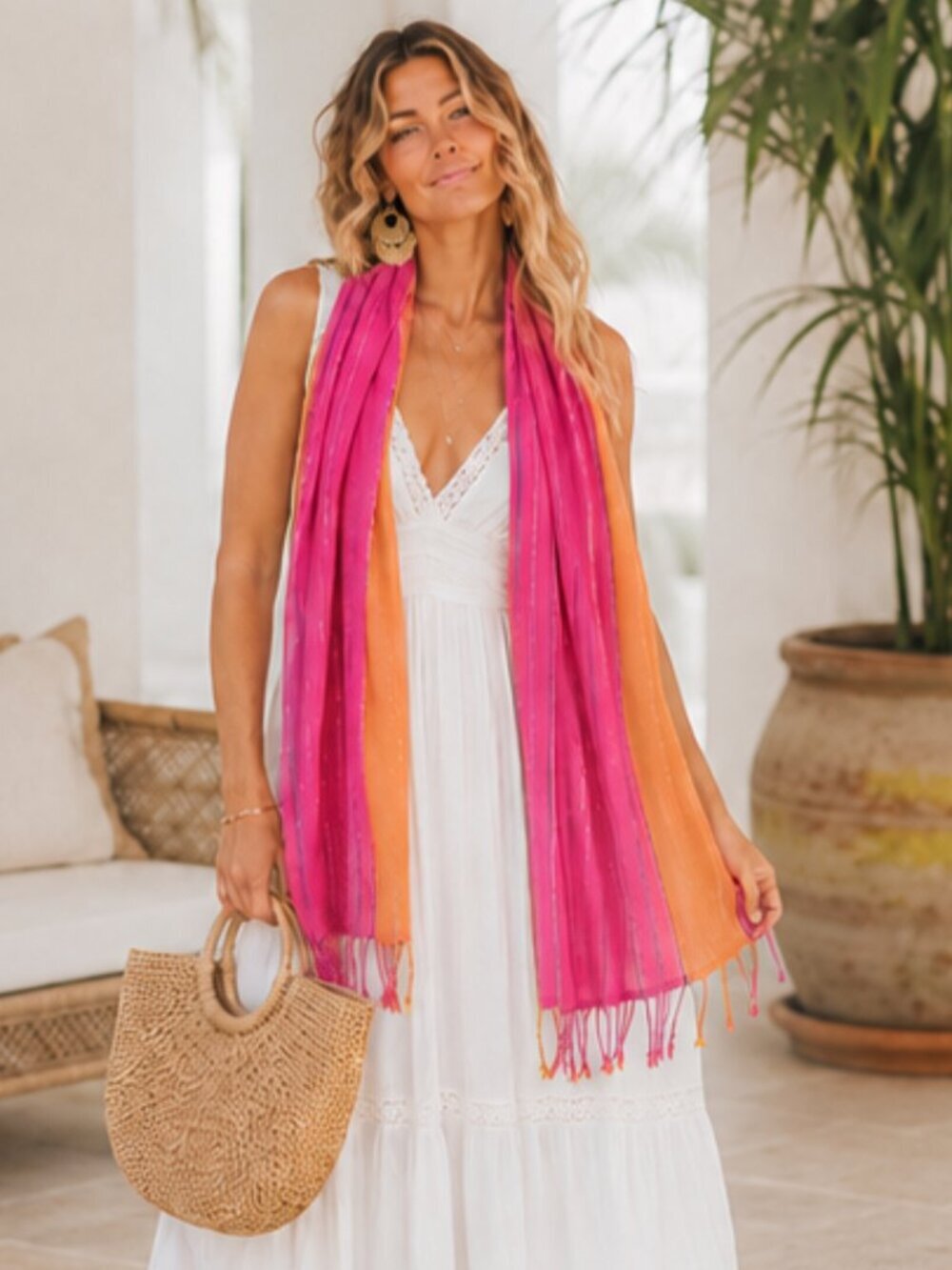 Michael Stars Pink Orange Silver Sparkle Striped Fringe Scarf Wrap New
